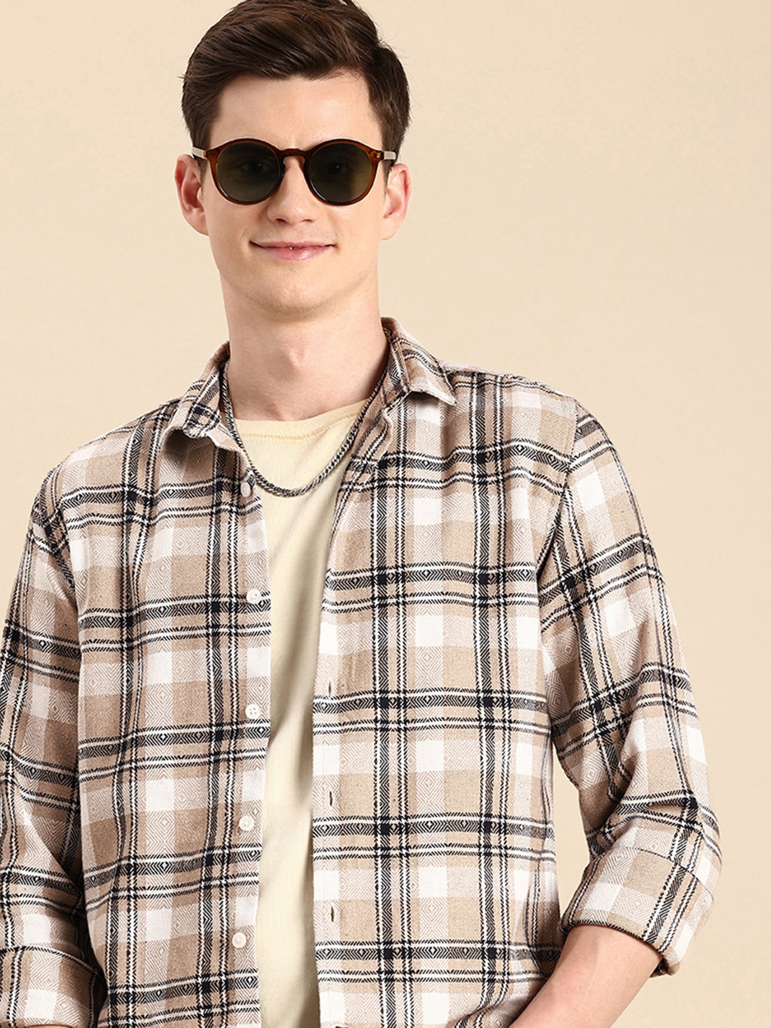 

Mast & Harbour Self-Design Checked Flannel Casual Shirt, Beige