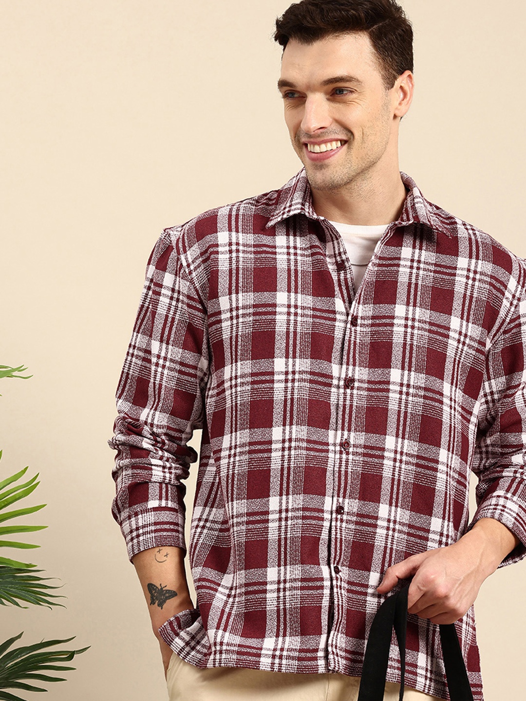 

Mast & Harbour Relaxed Fit Self Checked Drop-Shoulder Sleeves Casual Shirt, Maroon