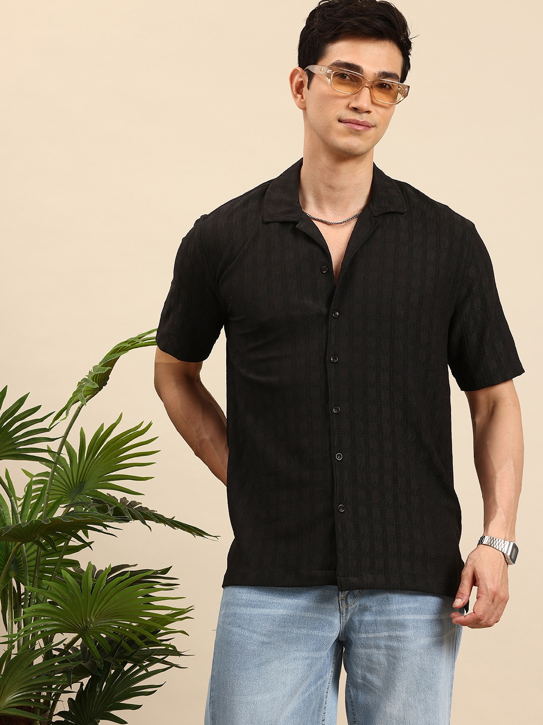 

Mast & Harbour Self Design Casual Shirt, Black