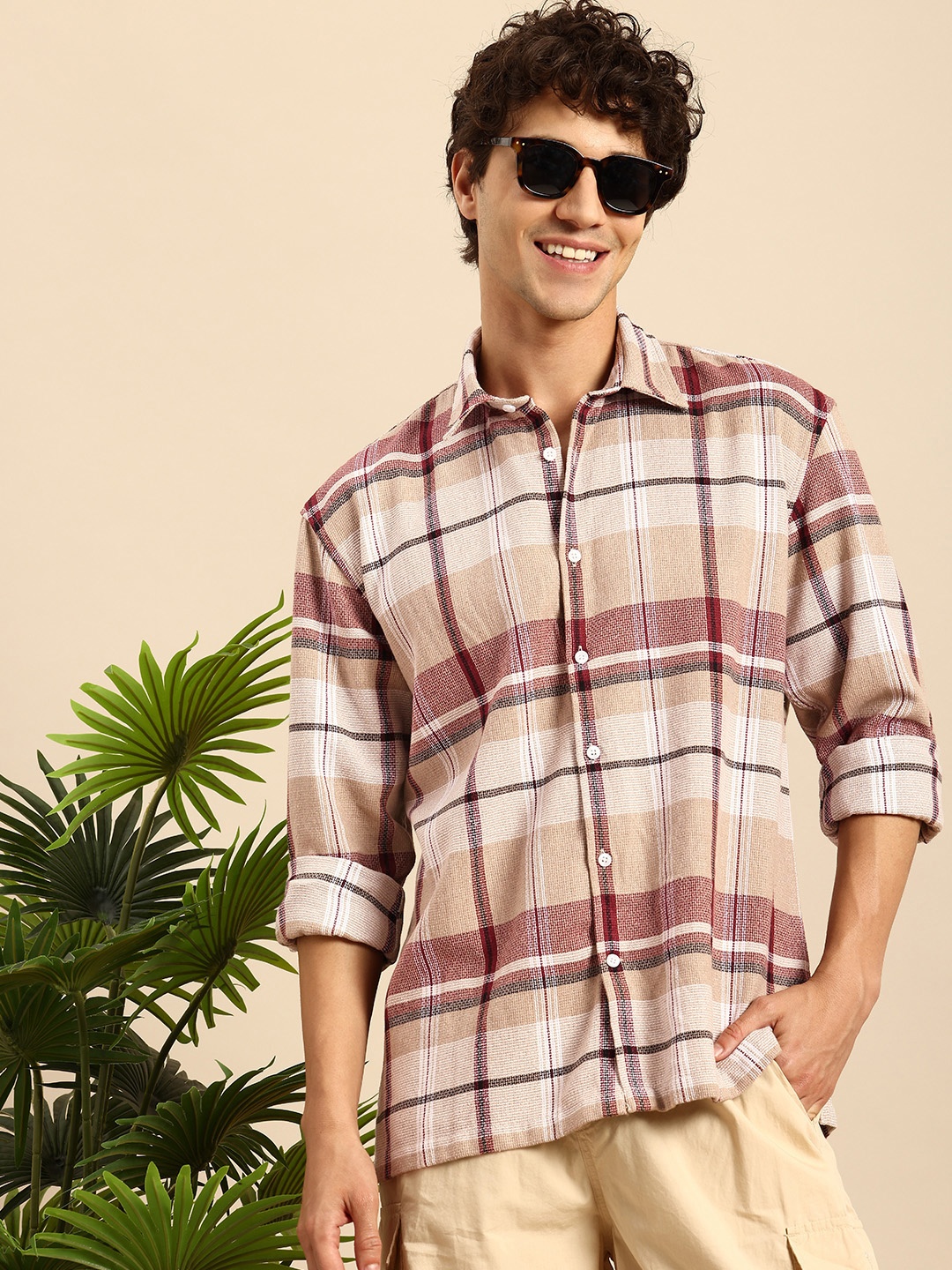 

Mast & Harbour Relaxed Fit Checked Drop-Shoulder Sleeves Casual Shirt, Beige