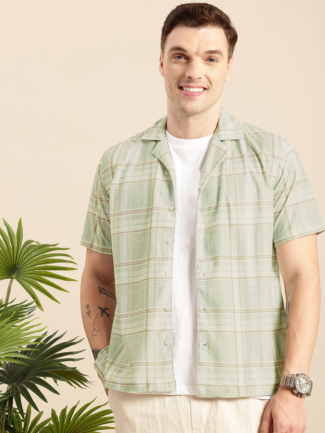 

Mast & Harbour Self Checked Casual Shirt, Green