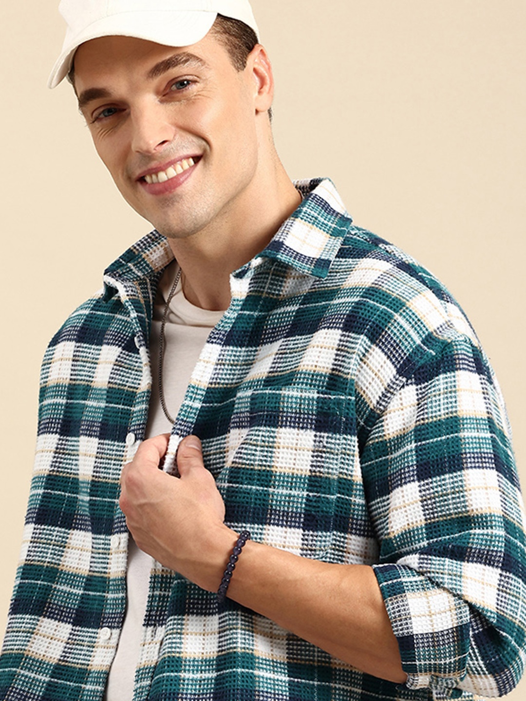 

Mast & Harbour Oversized Fit Waffle Weave Opaque Checked Casual Shirt, Teal