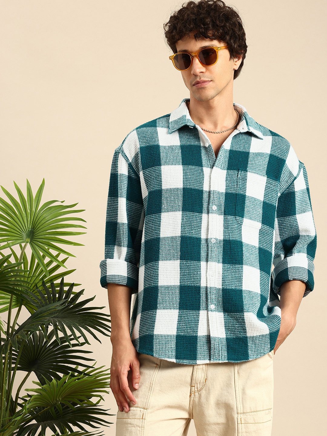 

Mast & Harbour Buffalo Checks Drop-Shoulder Sleeves Oversized Fit Waffle Casual Shirt, Teal