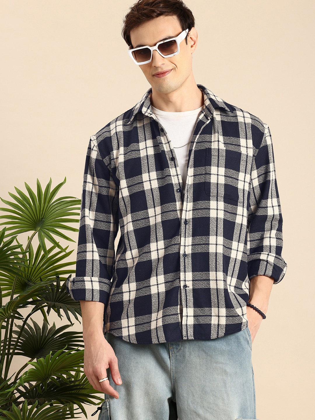 

Mast & Harbour Tartan Checks Knitted Drop-Shoulder Sleeves Relaxed Fit Casual Shirt, Off white
