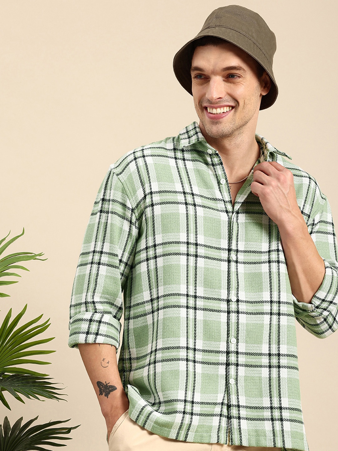 

Mast & Harbour Relaxed Fit Self Checked Drop-Shoulder Sleeves Casual Shirt, Green