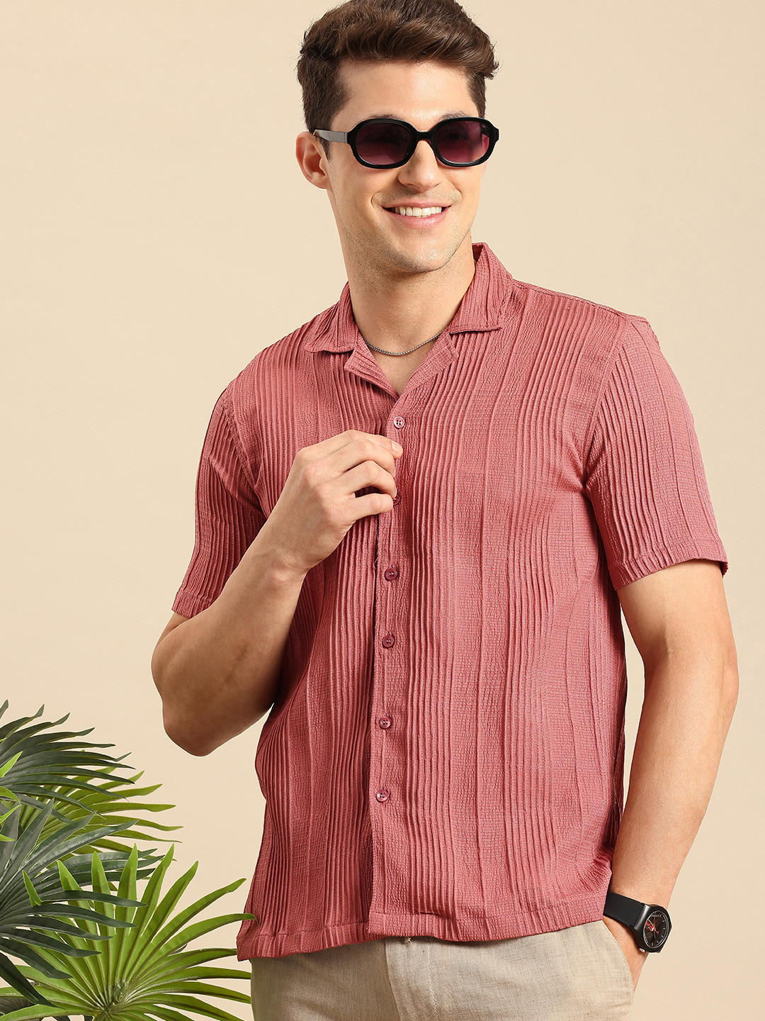 

Mast & Harbour Self-Design Striped Casual Shirt, Red