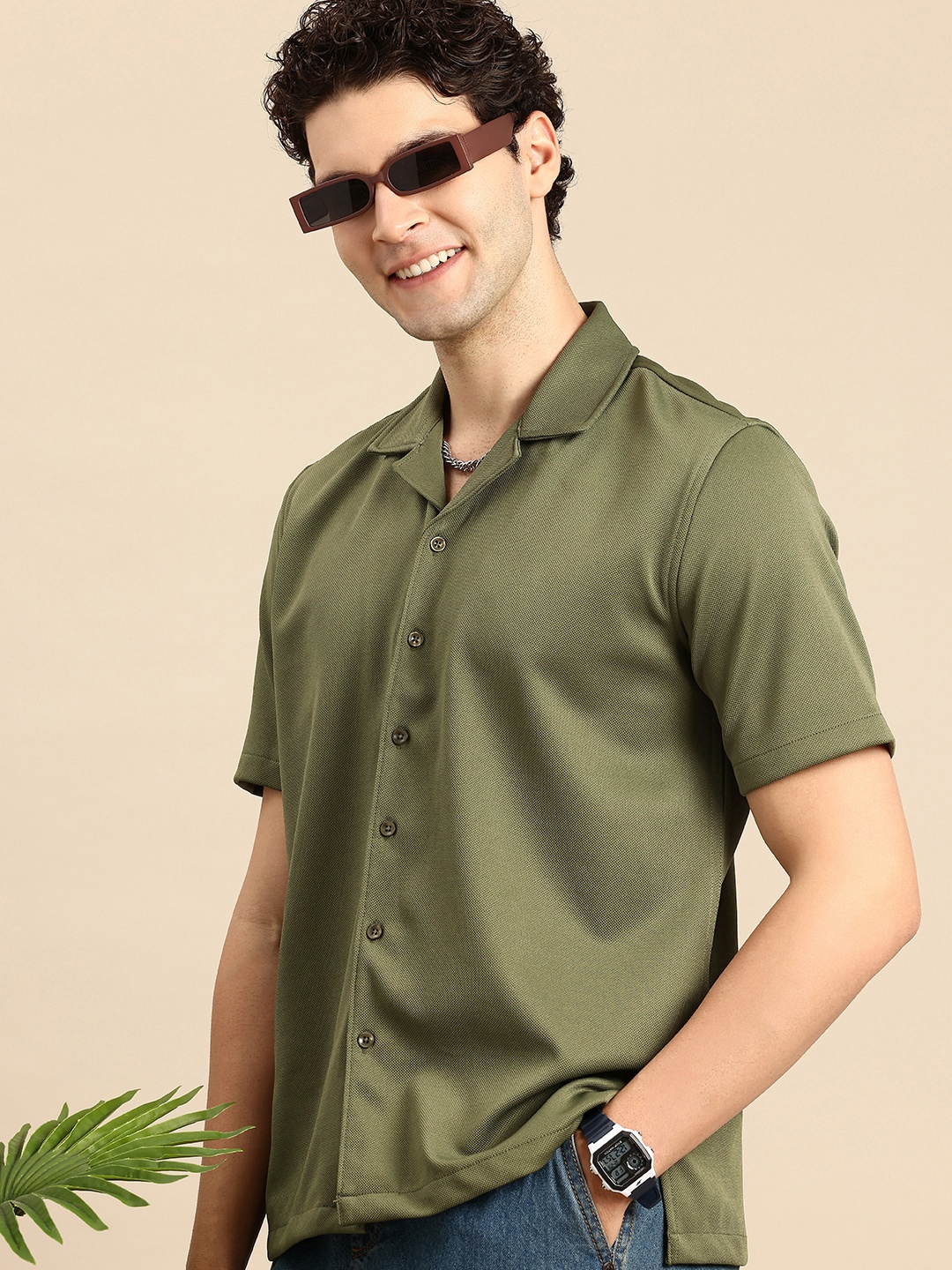 

Mast & Harbour Textured Self Design Casual Shirt, Olive