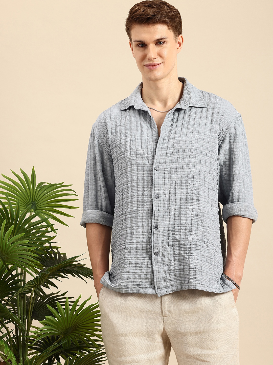 

Mast & Harbour Self Design Textured Relaxed Fit Casual Shirt, Blue