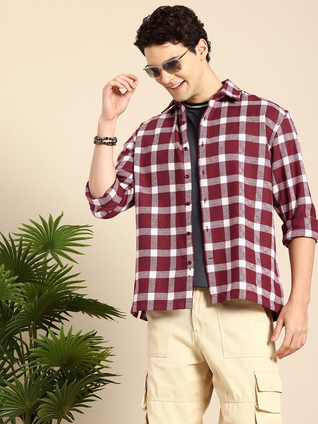 

Mast & Harbour Opaque Checked Relaxed Fit Casual Shirt, Maroon