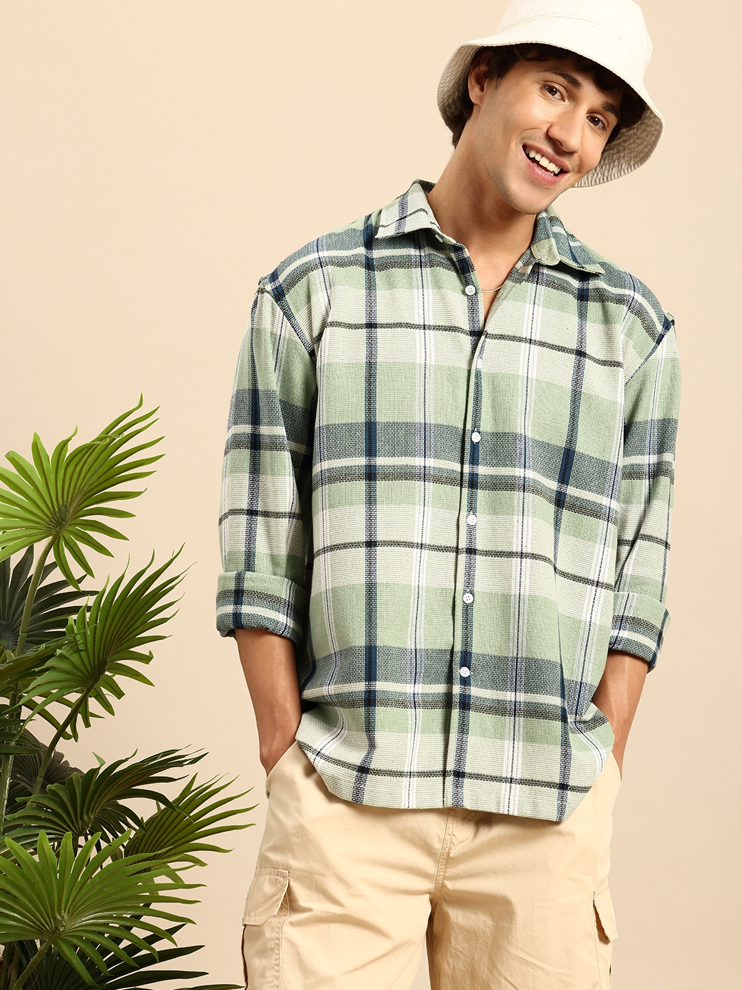 

Mast & Harbour Relaxed Fit Checked Drop-Shoulder Sleeves Casual Shirt, Green