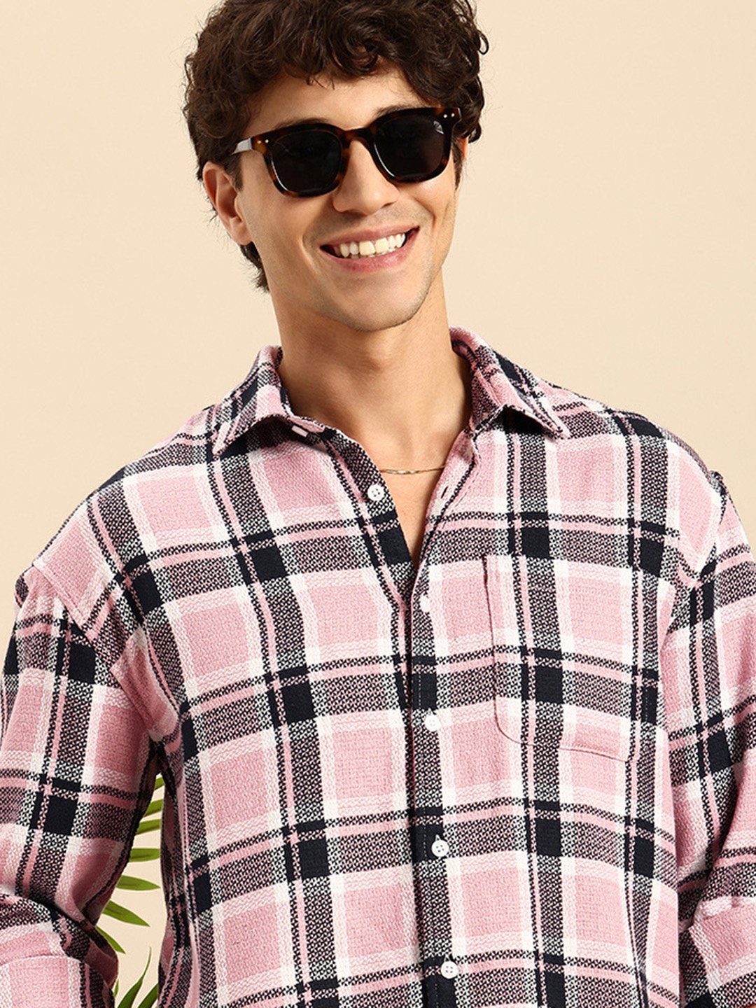 

Mast & Harbour Relaxed Fit Checked Drop-Shoulder Sleeves Casual Shirt, Pink