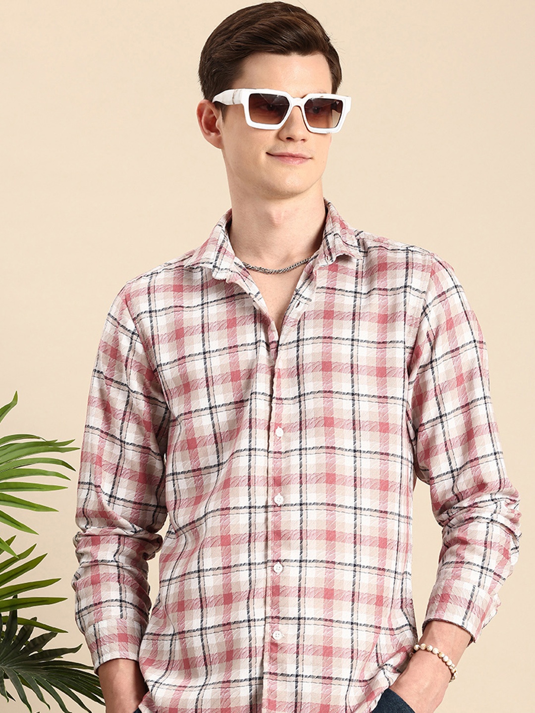 

Mast & Harbour Checked & Textured Casual Shirt, Rose