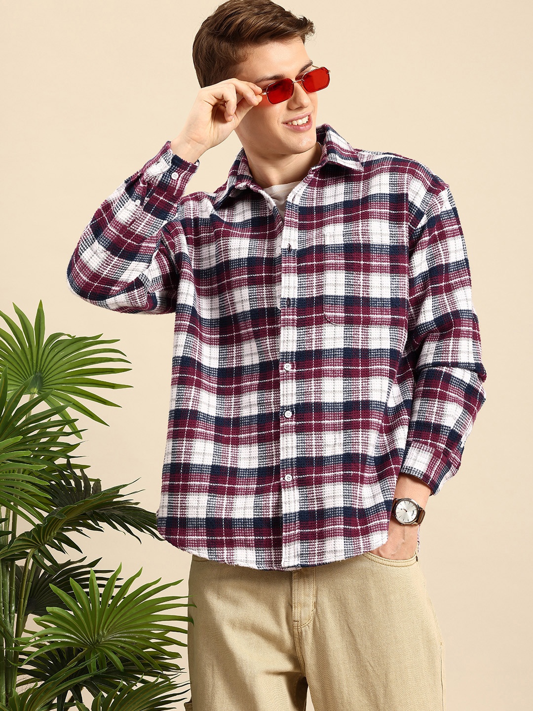 

Mast & Harbour Oversized Fit Waffle Weave Opaque Checked Casual Shirt, Maroon