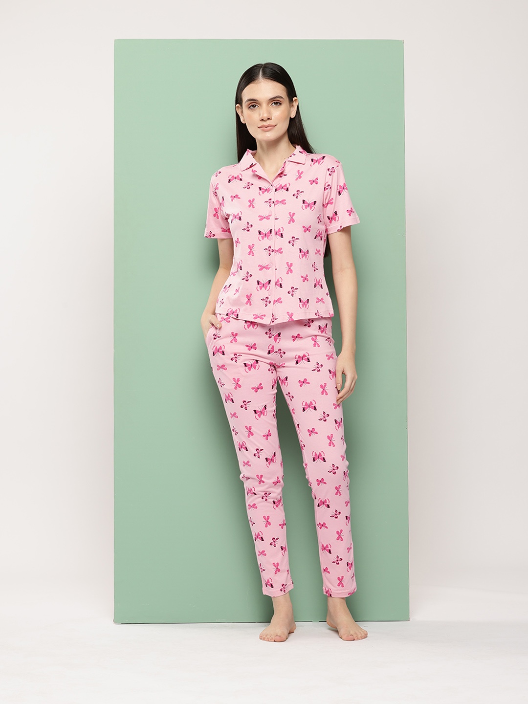 

Leading Lady Printed Cotton Night Suit with Pyjama, Pink