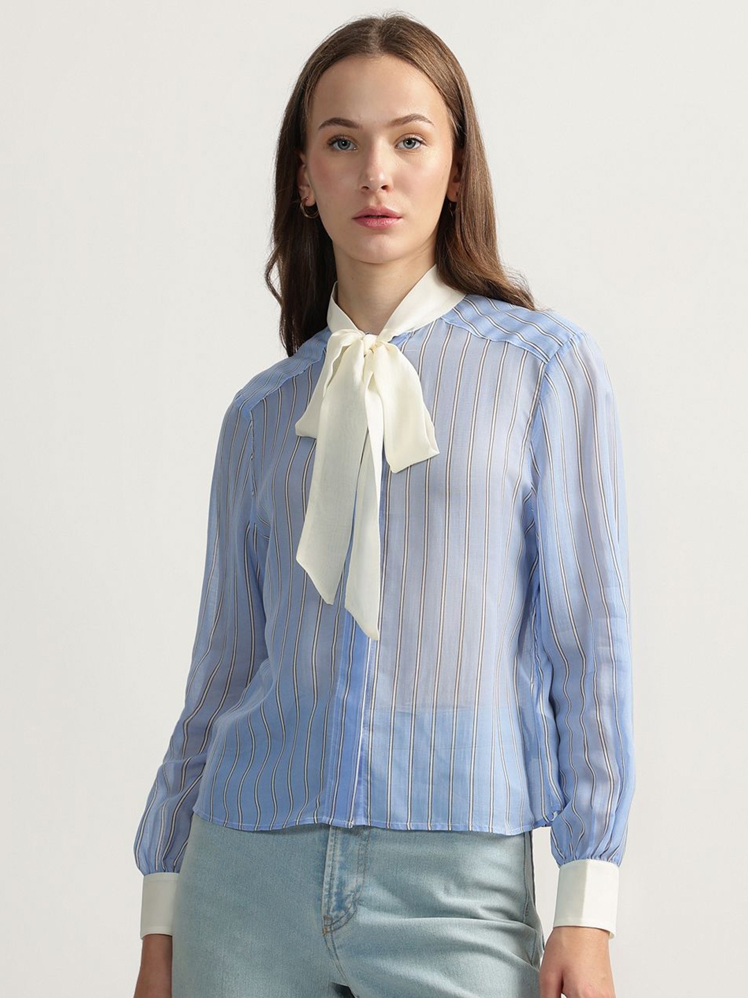 

GANT Women Collarless Vertical Striped Lyocell Casual Shirt, Blue