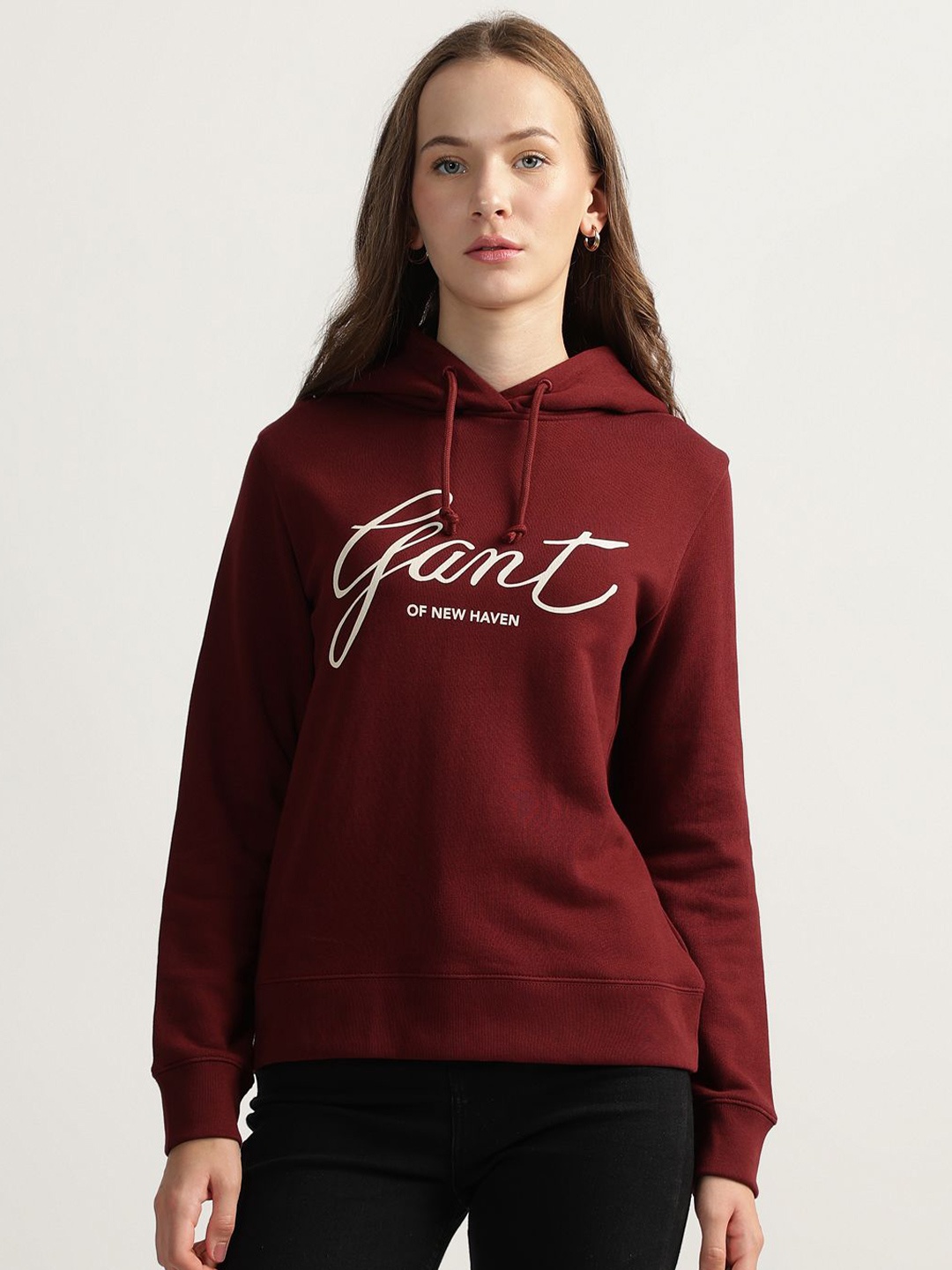 GANT Women Typography Printed Hooded Cotton Pullover Sweatshirt, Red