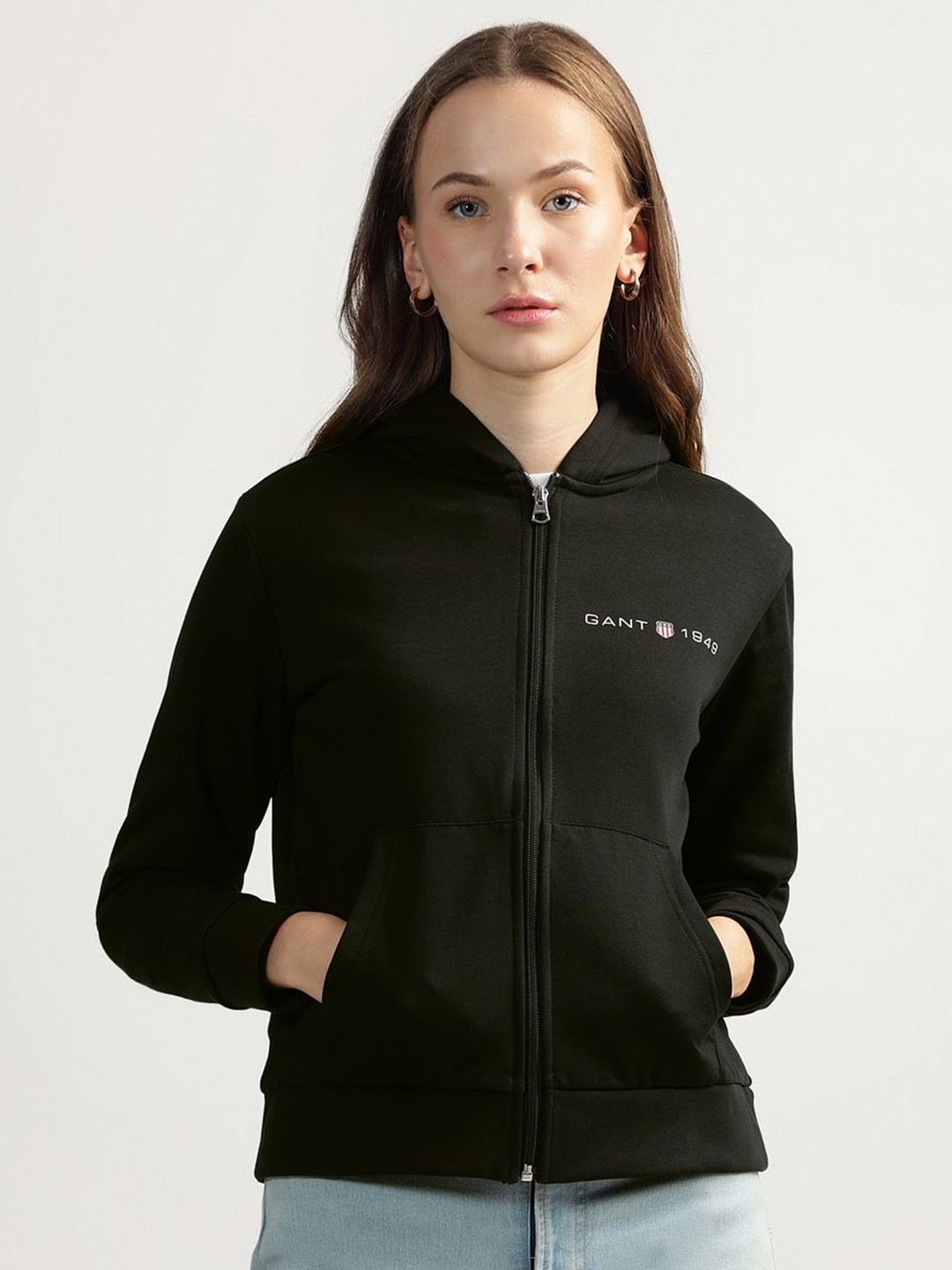 

GANT Women Solid Hooded Cotton Front-Open Sweatshirt, Black