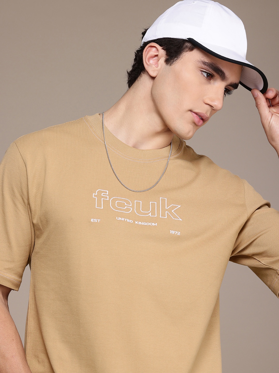 

FCUK Brand Logo Embroidery Oversized Fit Anti Odour T-shirt, Beige