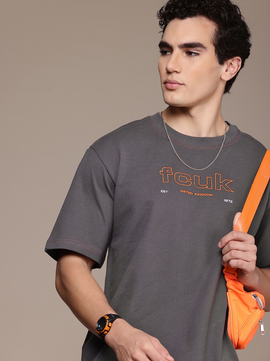 

FCUK Brand Logo Embroidery Oversized Fit Anti Odour T-shirt, Grey