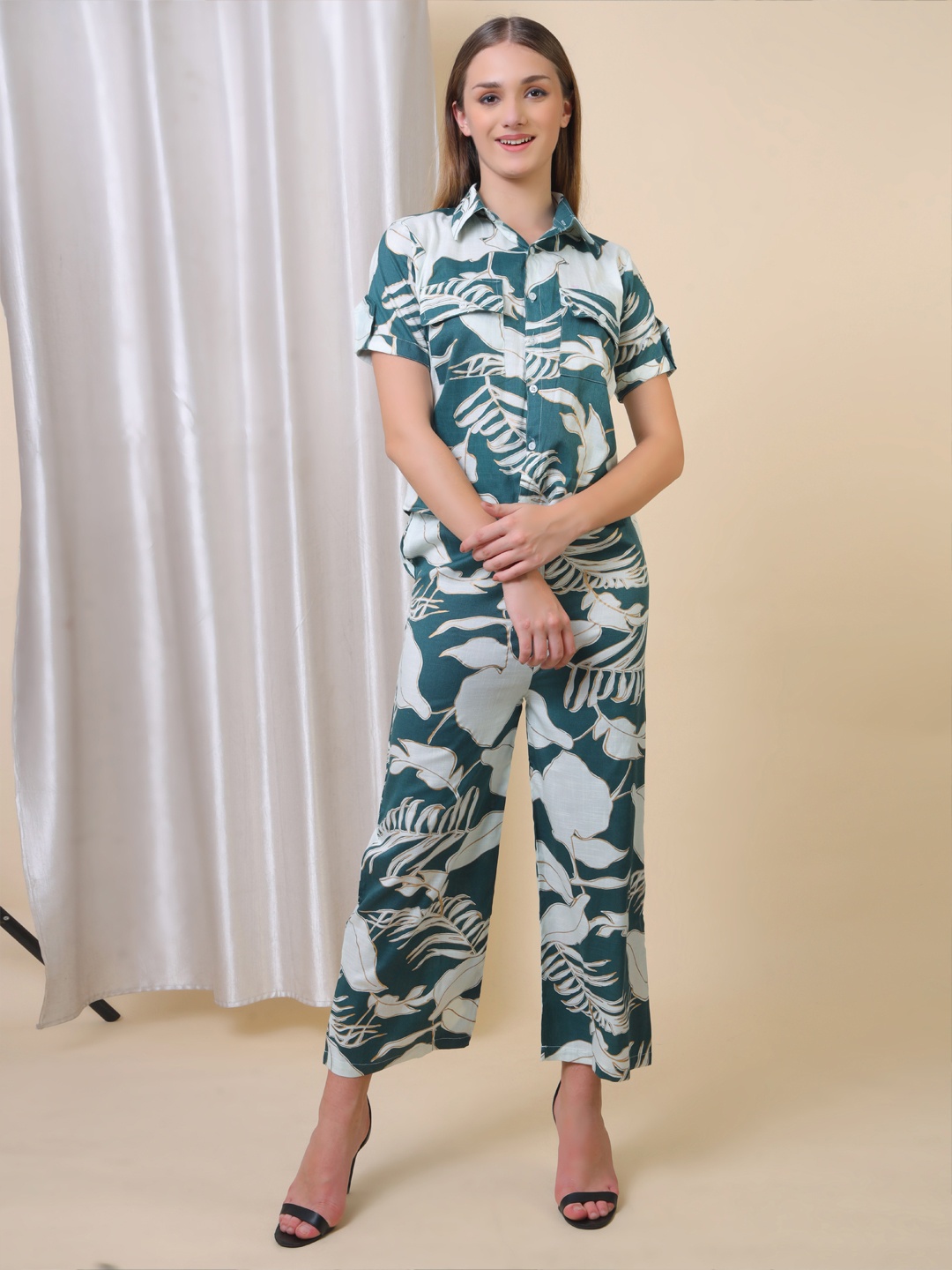 

Xivir Women Floral Printed Shirt with Trousers, Teal