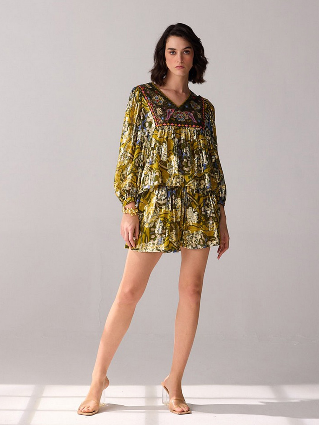 

VERB BY PALLAVI SINGHEE Floral Printed Bell Sleeve Georgette Top, Olive