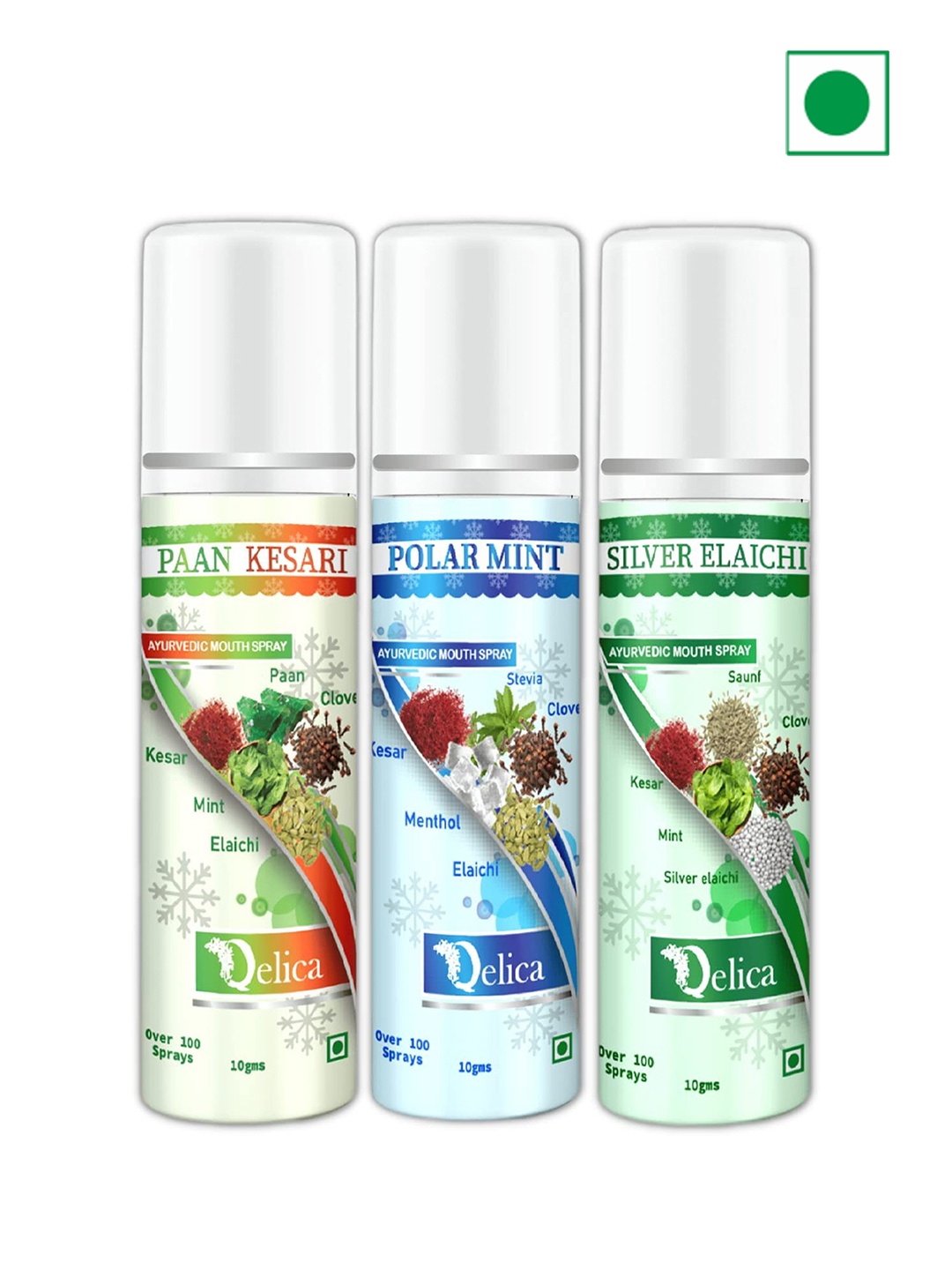 

Qelica Set Of 3 Silver Elaichi, Paan Kesar & Polar Mint Mouth Freshener Spray 10 g Each, Green