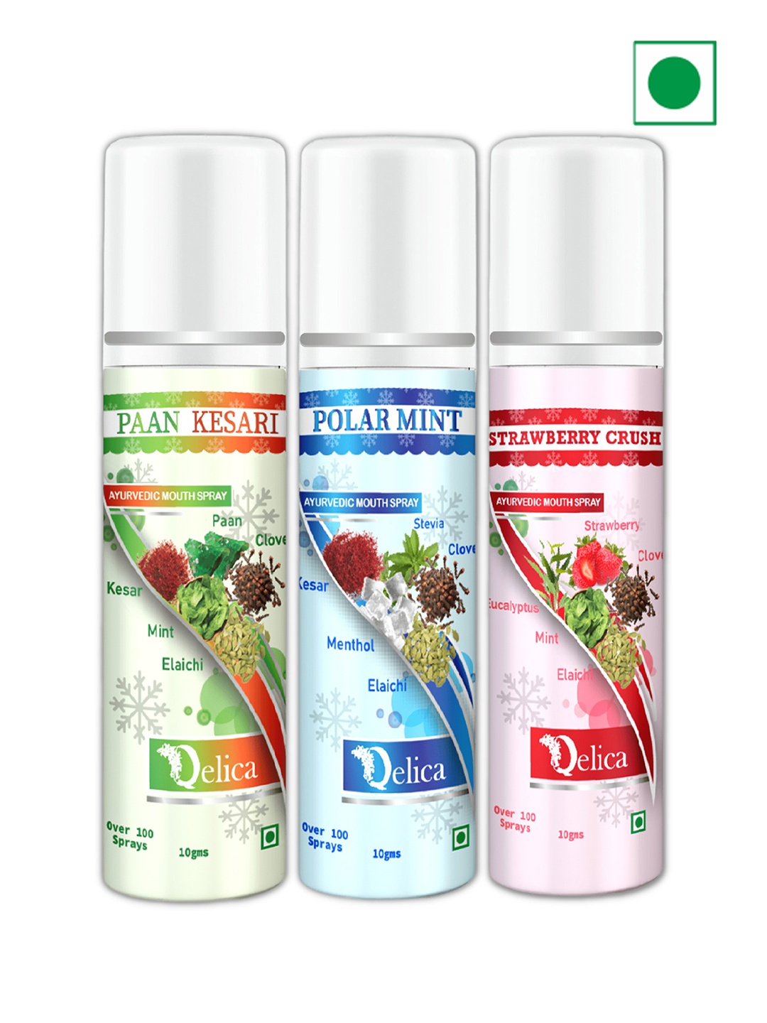 

Qelica Set Of 3 Strawberry Crush, Polar Mint & Paan Kesari Mouth Freshener Spray 10 g Each, Green