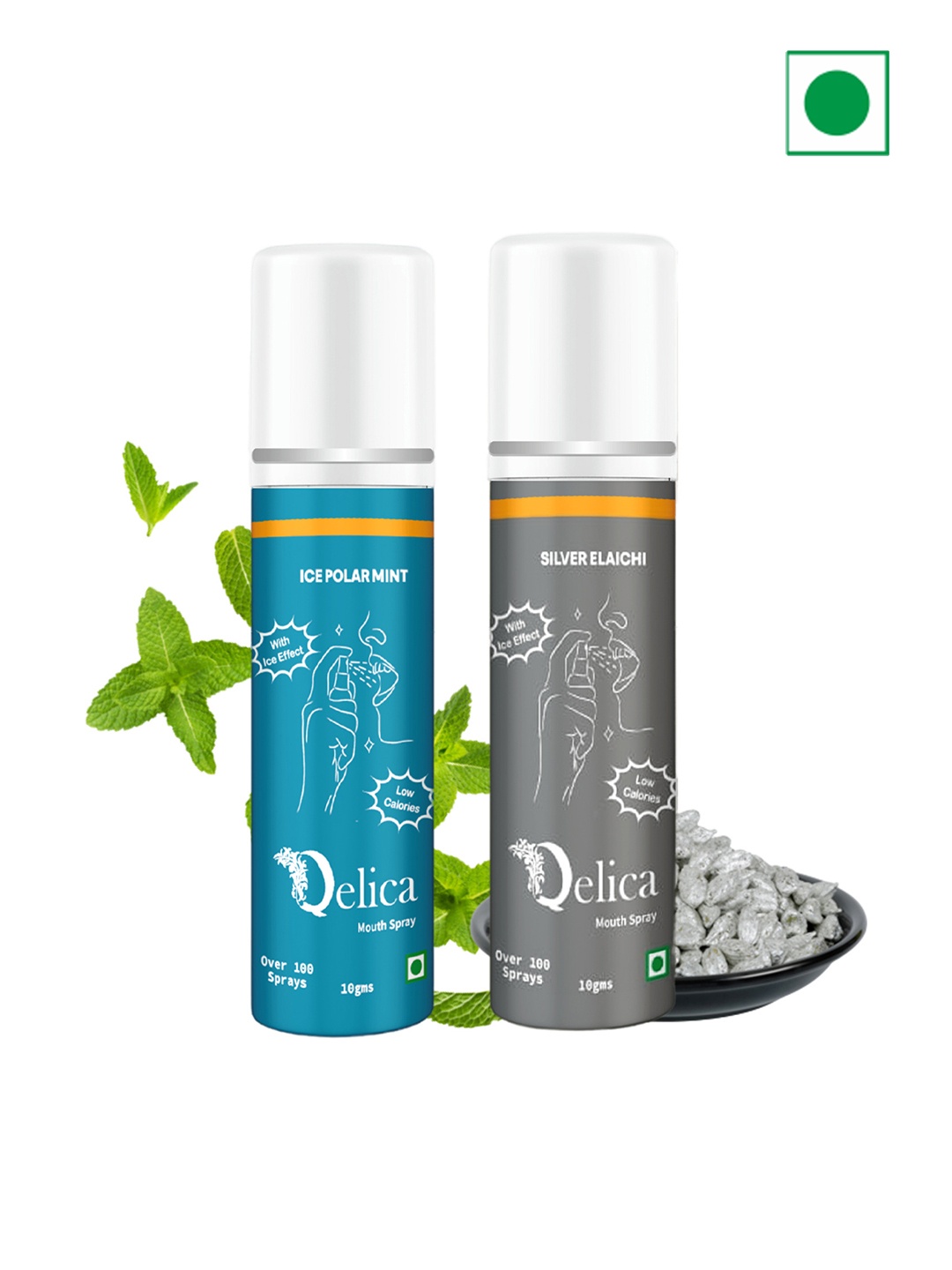 

Qelica Set Of 2 Ice Polar Mint & Silver Elaichi Mouth Freshener Spray 10 g Each, Blue