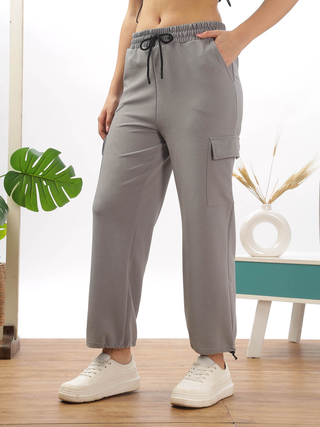

9shines Label Women Solid Comfort Straight Fit Cargos Trousers, Grey