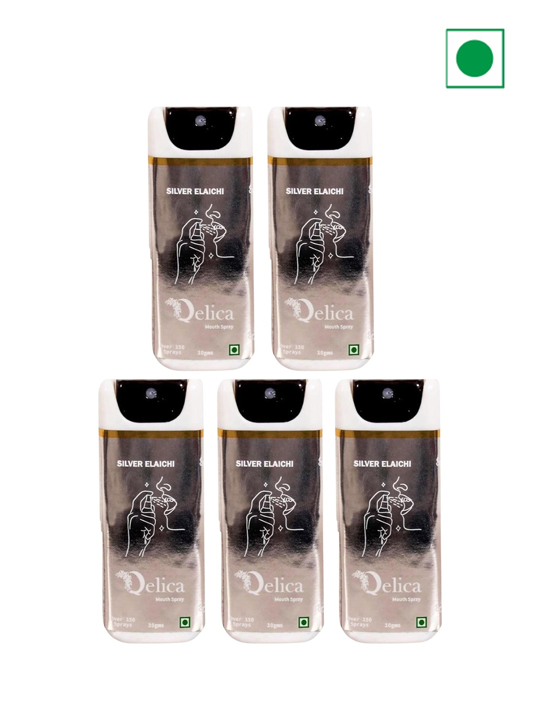 

Qelica Set Of 5 Silver Elachi Instant Mouth Freshener Kissing Spray-10g Each