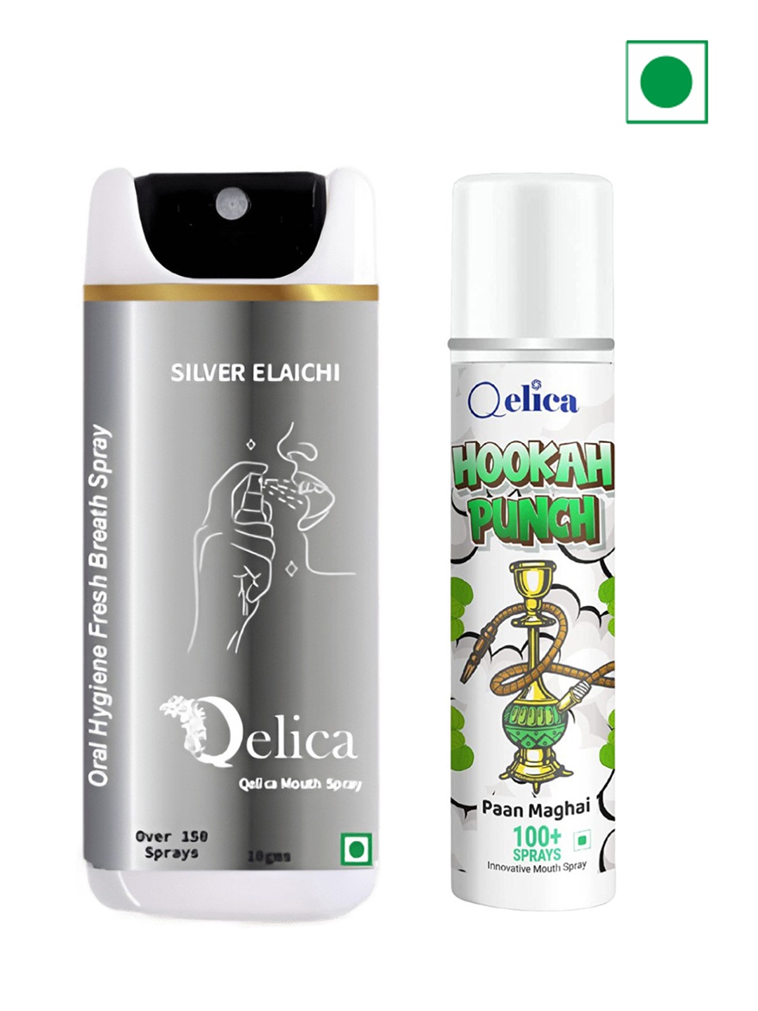 

Qelica Set Of 2 Silver Elachi & Paan Magahi Fresh Breath Spray-10g Each