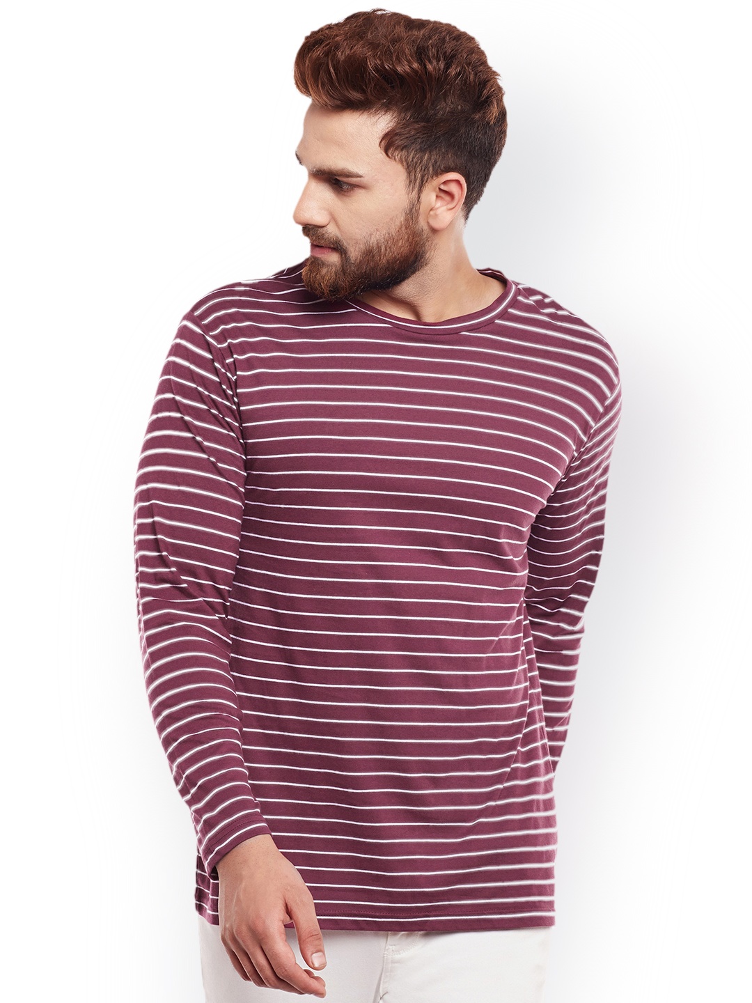 

Hypernation Men Burgundy Striped Round Neck T-shirt