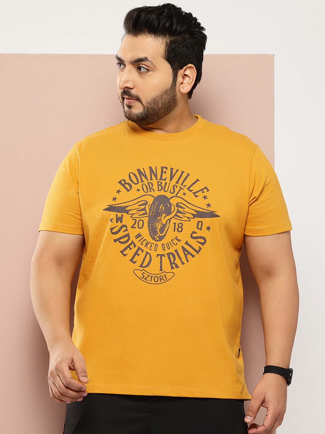 

Sztori Men Plus Size Typography Printed Pure Cotton T-shirt, Mustard