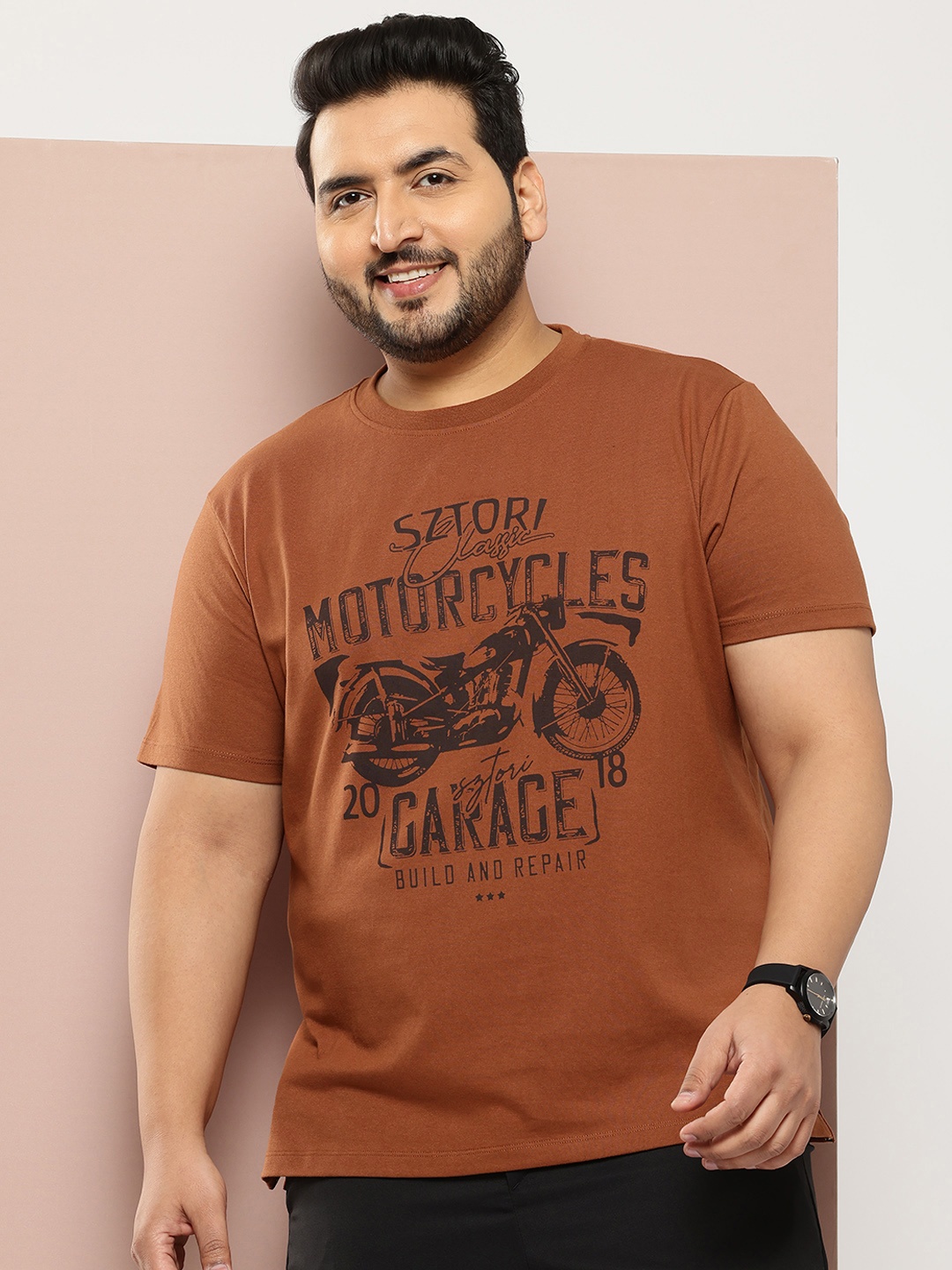 

Sztori Men Plus Size Pure Cotton T-shirt, Brown