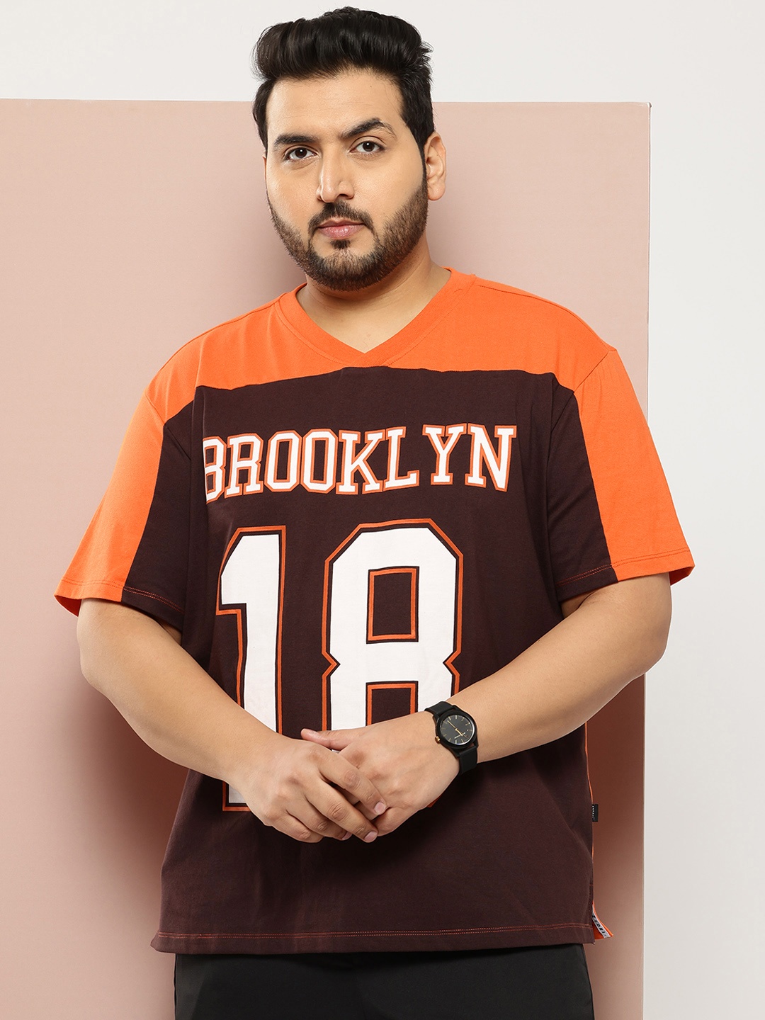 

Sztori Men Plus Size Typography Colourblocked Pure Cotton T-shirt, Orange