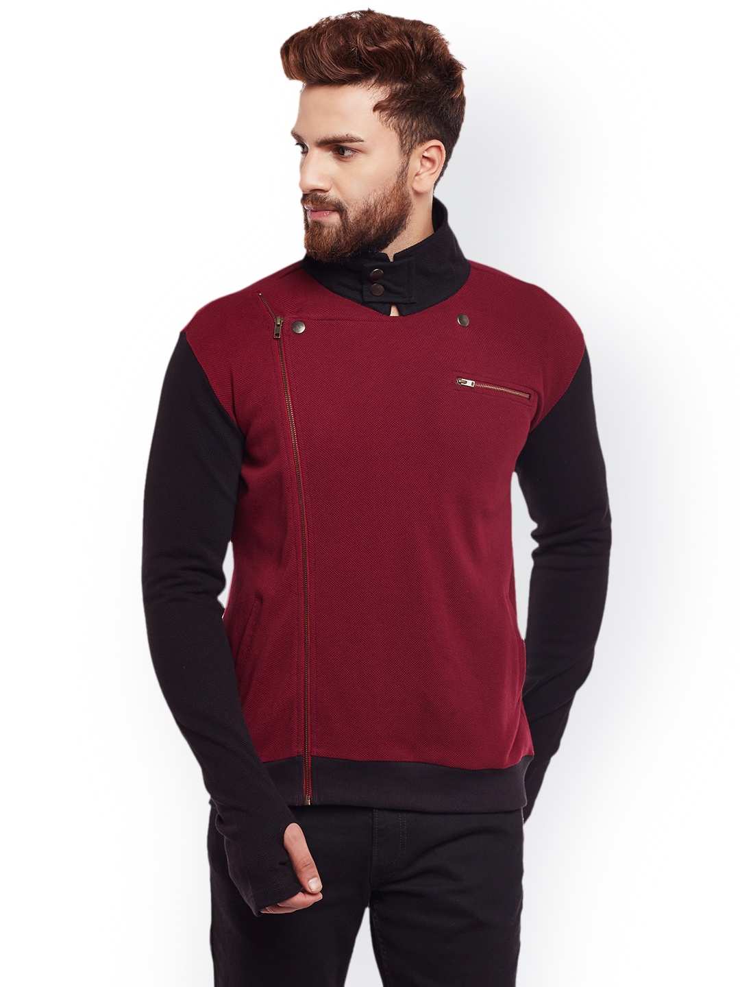 

Hypernation Men Maroon & Black Colourblocked Open Front Jacket