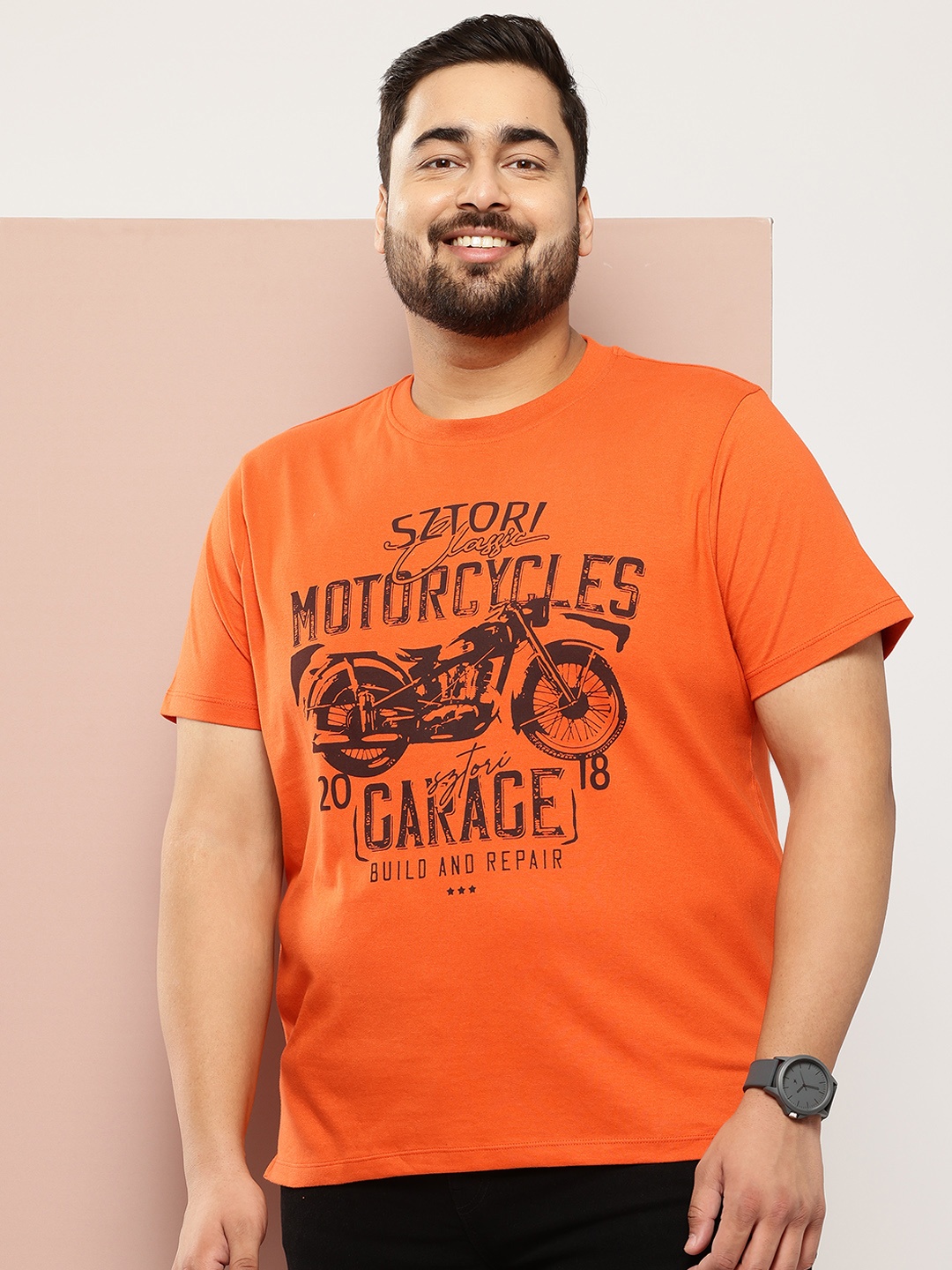 

Sztori Men Plus Size Printed Pure Cotton T-shirt, Orange