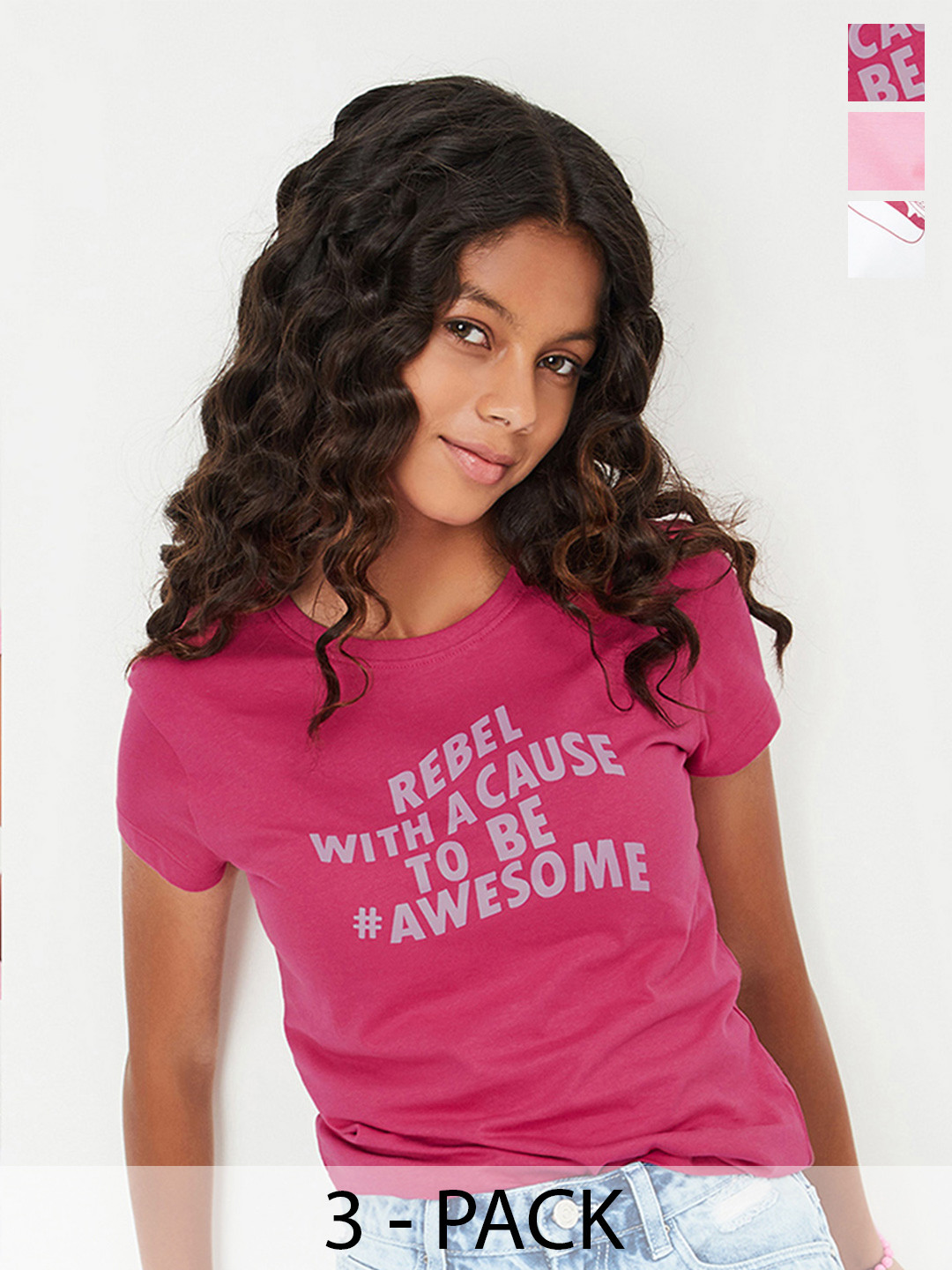 

max Girls Pack of 3 Cotton Printed T-shirt, Pink