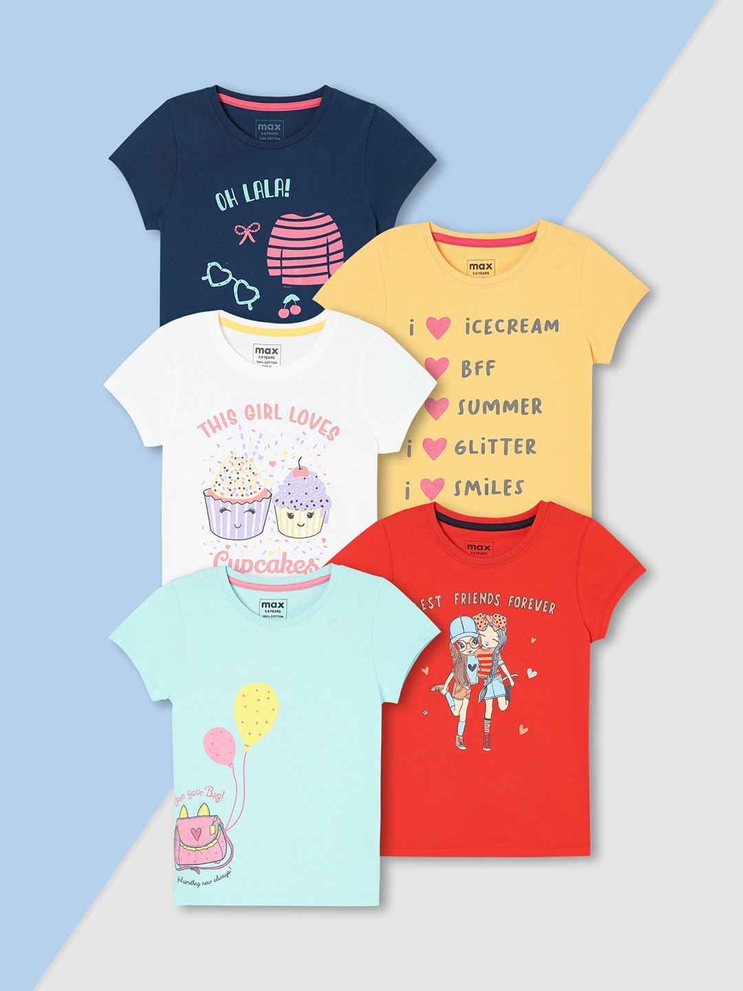 

max Girls Pack of 5 Graphic Printed T-shirt, Multi