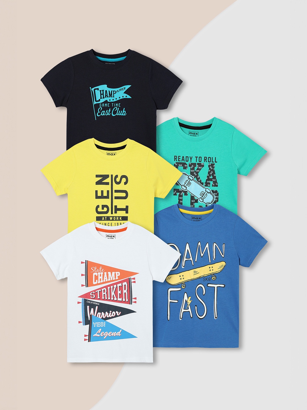 

Max Boys Pack of 5 Cotton Typography Printed T-Shirt, Blue