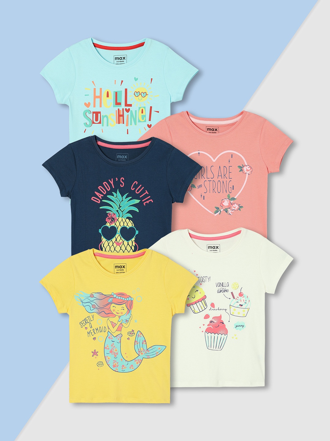 

Max Pack of 5 Girls Cotton Graphic Printed T-Shirt, Navy blue