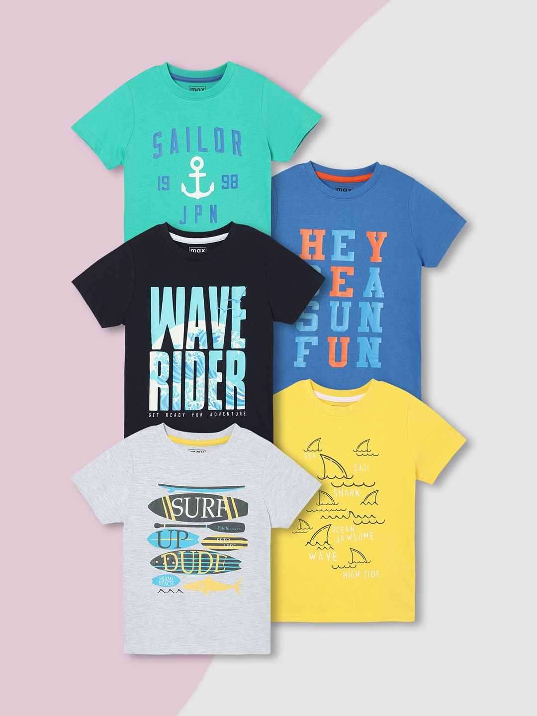 max Boys Pack of 5 Typography Printed Cotton T-shirt, Green