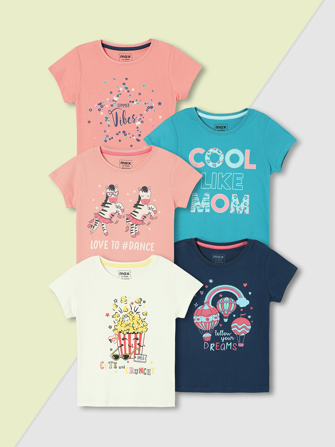 

Max Girls Pack of 5 Pure Cotton Graphic Printed T-Shirt, Blue