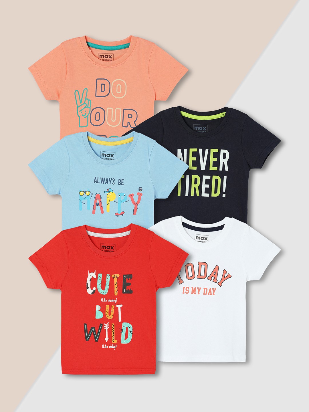 

Max Boys Pack of 5 Typography Printed Cotton T-Shirt, Orange