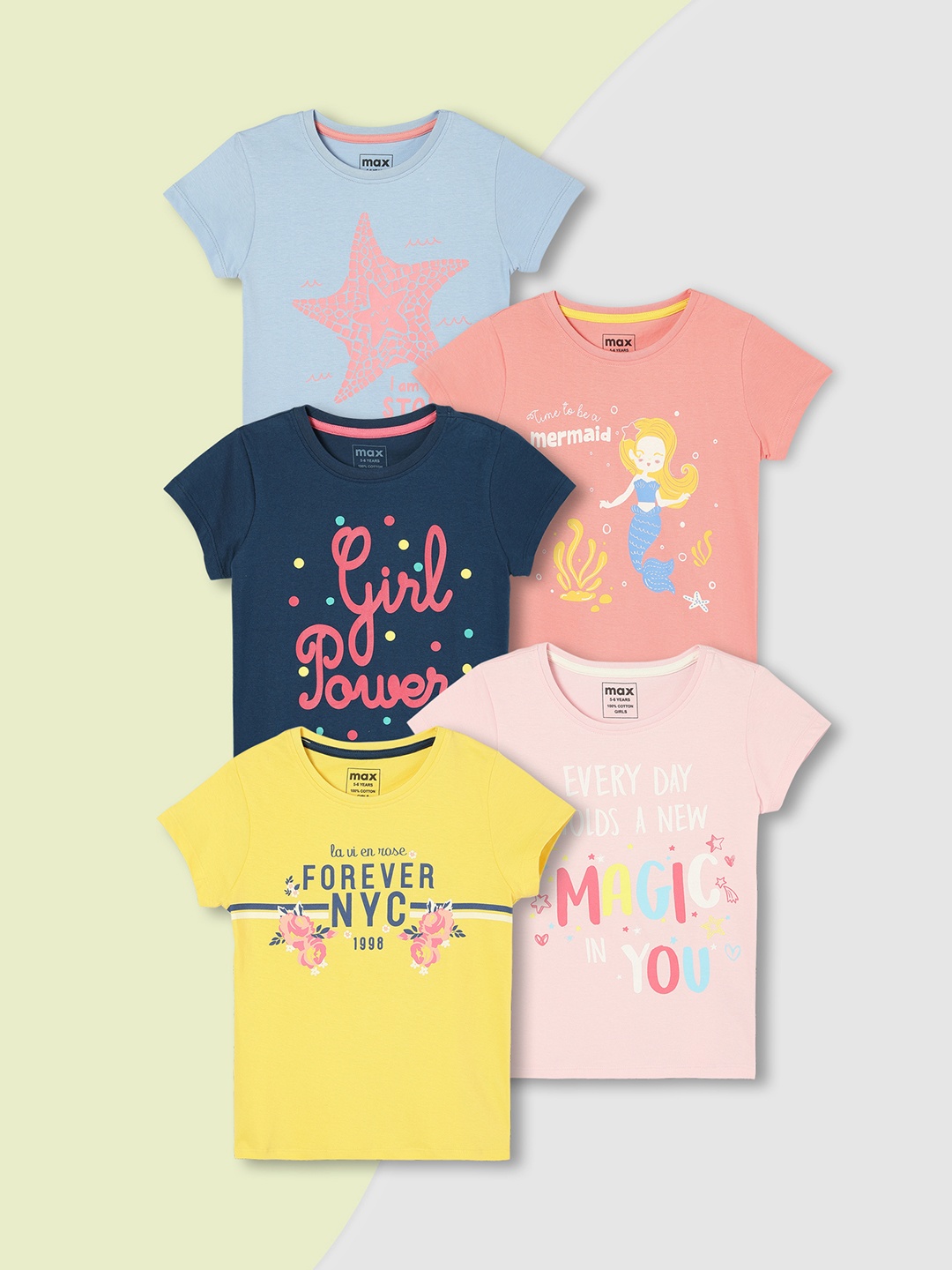 

Max Girls Pack of 5 Graphic Printed Cotton T-Shirt, Pink