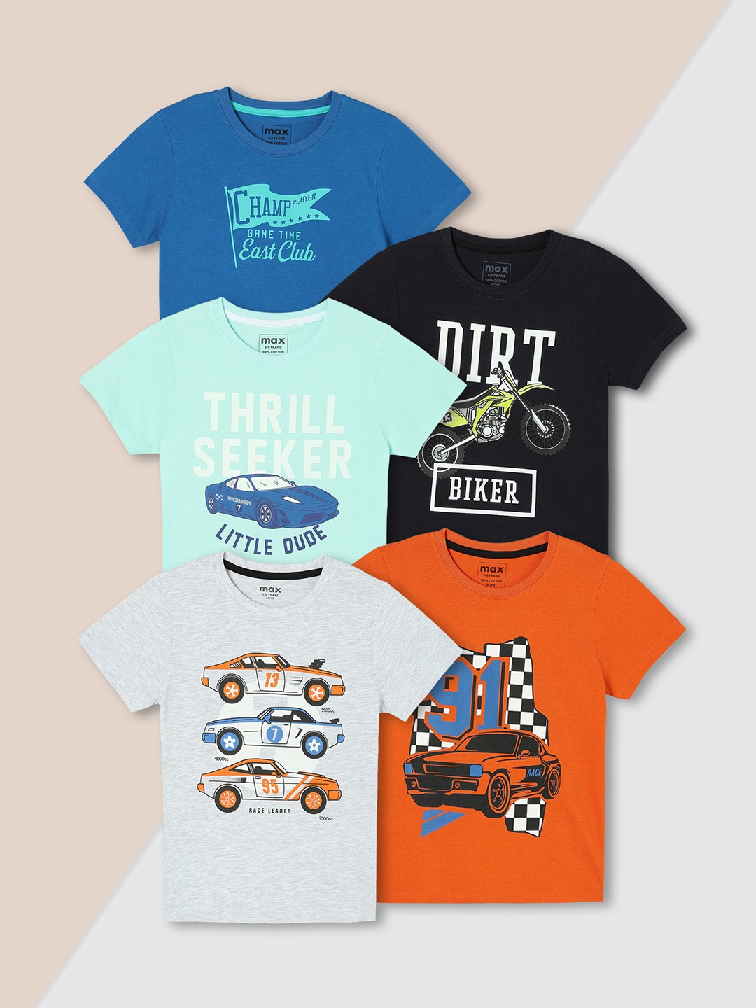 

Max Boys Pack of 5 Graphic Printed T-Shirt, Blue