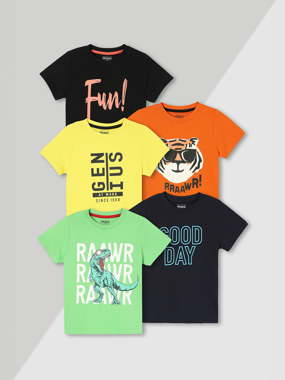 

Max Boys Pack of 5 Printed Pure Cotton T-Shirt, Black