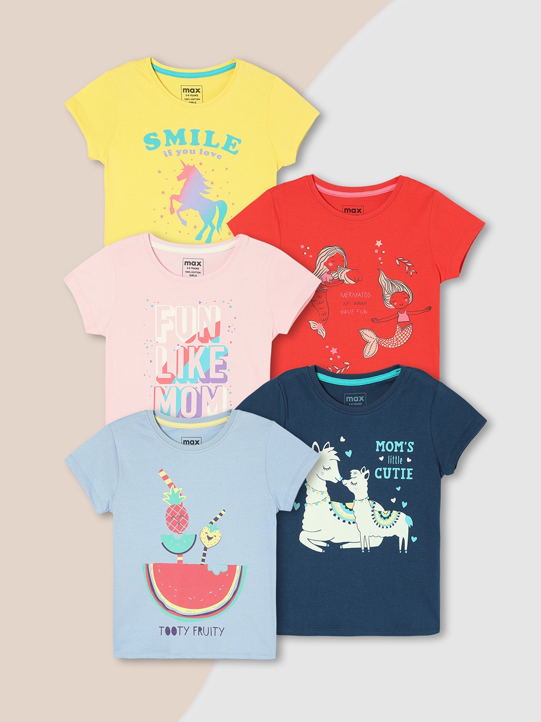 

Max Girls Pack of 5 Cotton Graphic Printed T-Shirt, Blue