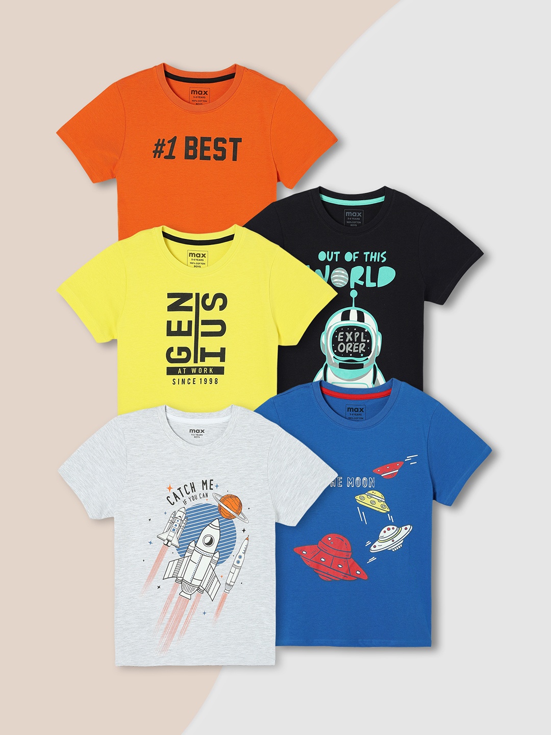 max Boys Pack of 5 Typography Printed Cotton T-shirt, Yellow