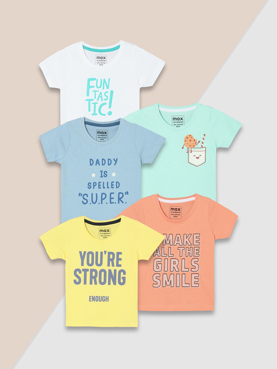 

Max Pack of 5 Boys Cotton Graphic Printed T-Shirt, White